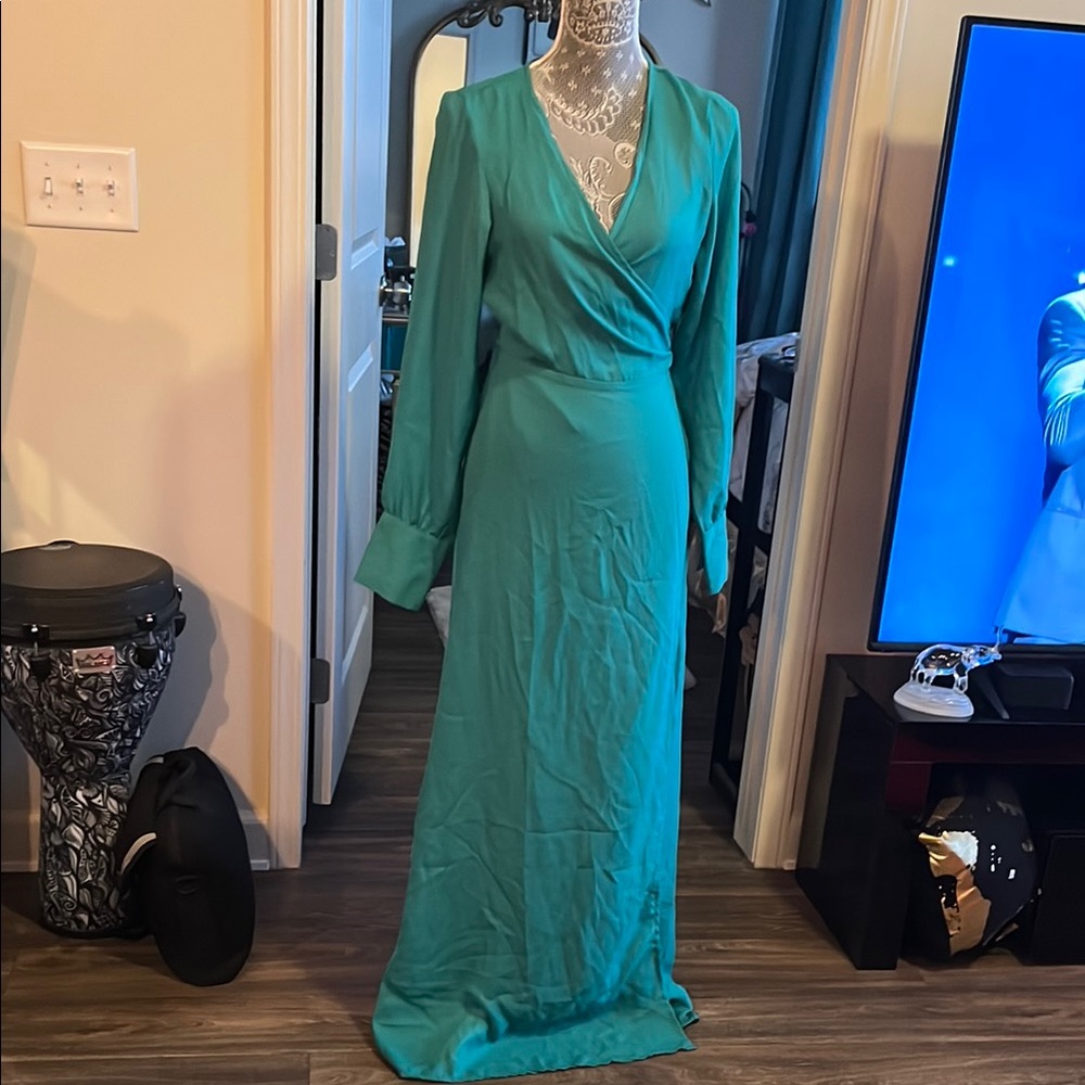 ASOS Green Wrap Tie Front Gown with Bishop Sleeves